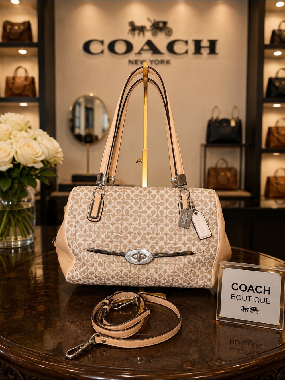 Coach Beige Signature Canvas Shoulder Bag with Leather Trim